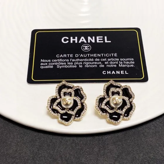 Chanel Camellia CC Stud Earrings earrings gold tone metal black enamel clear crystal white faux pearl 2cm diameter