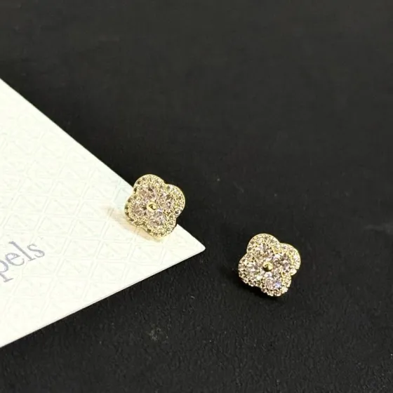 Van Cleef Arpels Alhambra earrings yellow gold with clear pave diamonds 8mm stud diameter