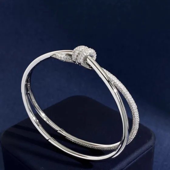 Tiffany Knot bracelet silver-toned metal with clear pave diamonds 17cm inner circumference