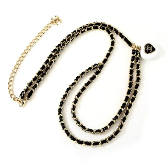 Chanel Goose Heart CC Pendant Waist Chain necklace Gold-tone metal black leather white resin heart pendant black enamel clear crystal accents 80cm with 10cm extender