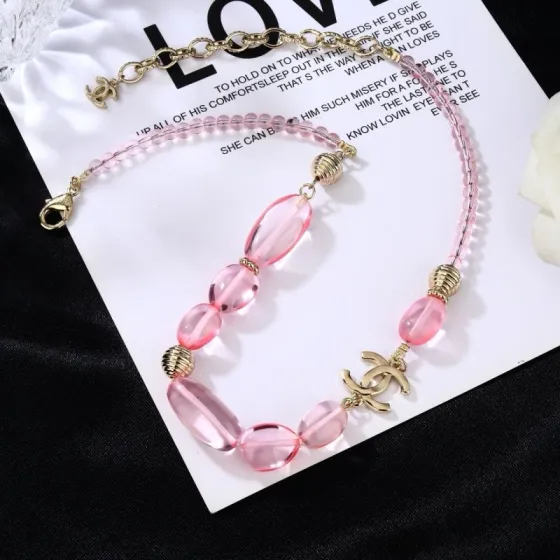 Chanel CC Logo Pink Resin Bead Necklace necklace Light gold tone metal translucent pink resin beads 42cm with 5cm extender chain