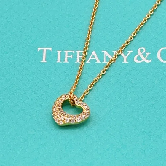 Tiffany Co Open Heart necklace yellow gold with clear diamond accents 16 inches