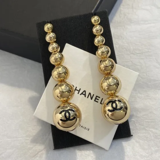 Chanel CC Graduated Bead Drop Earrings earrings gold-tone metal with black enamel CC logo 7cm drop length
