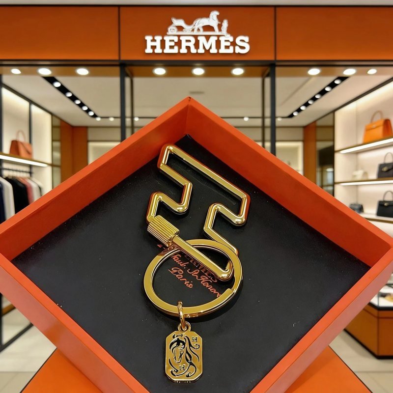 Hermes Horse Head Zigzag Key Charm pendant gold tone metal with black enamel detailing 10cm total length