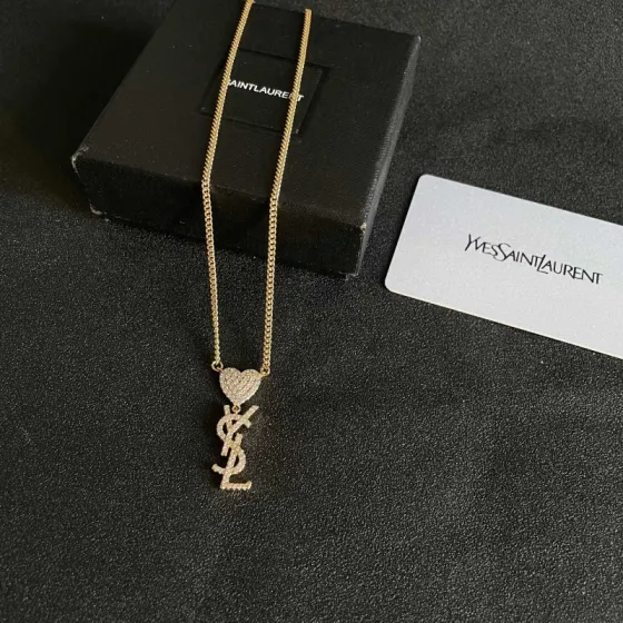 Saint Laurent 1961 Heart Monogram Pendant necklace Gold-tone metal with clear pave crystals 45cm