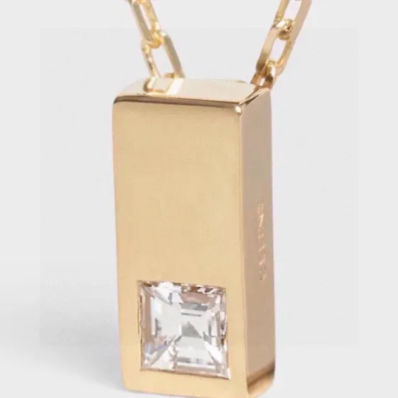 Celine PRECLOUS necklace gold-tone metal with clear square-cut stone 45cm