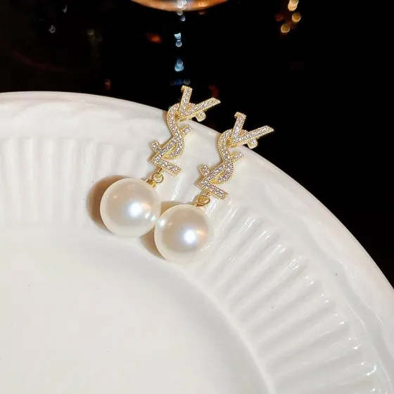 Saint Laurent Cassandre YSL Logo Pearl Drop Earrings earrings gold-tone metal clear pave crystals white pearl 3cm total drop length