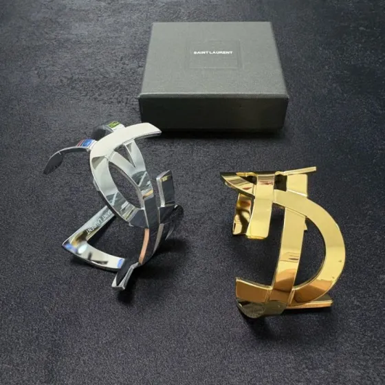 Saint Laurent YSL Monogram Skeleton Cuff bracelet polished gold-tone metal polished silver-tone metal 6 5 inch inner circumference