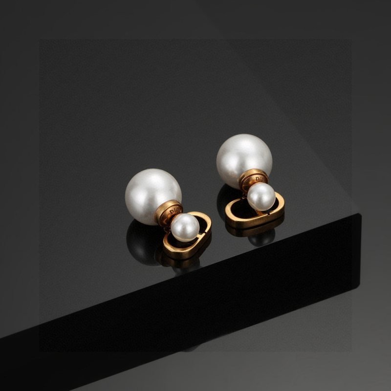 Dior Tribales CD Logo Pearl Earrings earrings Antique gold-tone metal white resin pearls 1 5cm diameter front pearl 1 2cm length CD charm