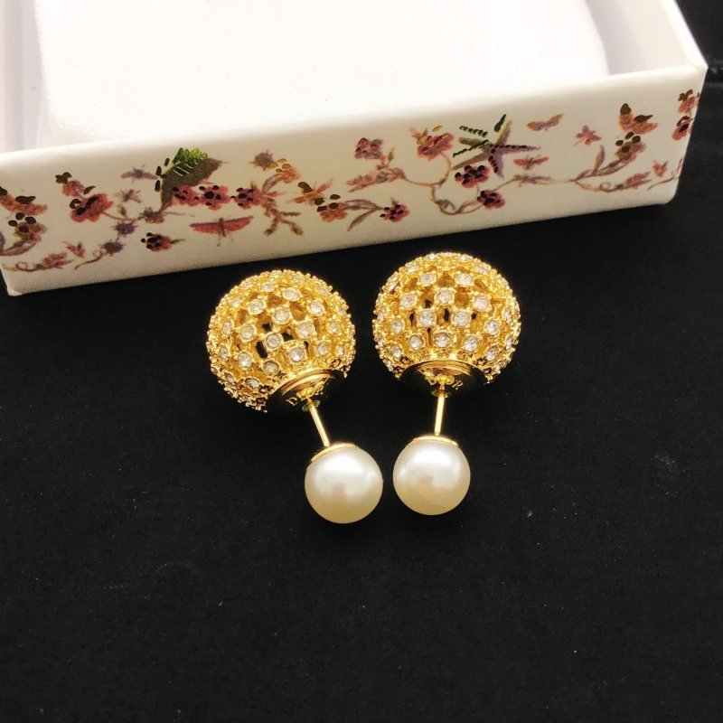 Dior Tribales earrings gold-tone metal clear crystal white pearl 1 5cm drop length