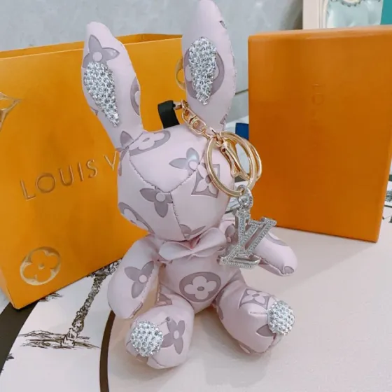 Louis Vuitton Anger Forest Bunny Keychain pendant Light pink monogram coated canvas gold-tone metal hardware clear pave crystal accents silver-tone crystal LV charm 12cm total length