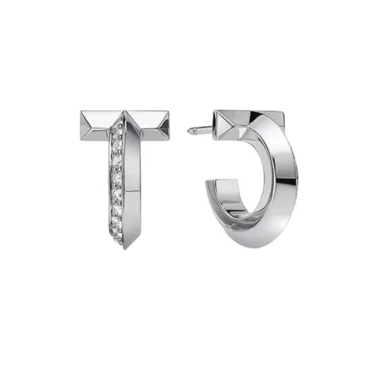 Tiffany T1 earrings silver-toned metal with clear diamond accents 12mm hoop diameter
