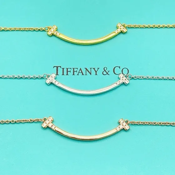 Tiffany Co T Smile necklace sterling silver with clear diamond accents 16-18 inches adjustable
