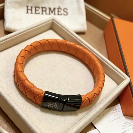 Hermes Braided Leather Magnetic Clasp Bracelet bracelet Orange braided leather with black metal clasp 19cm