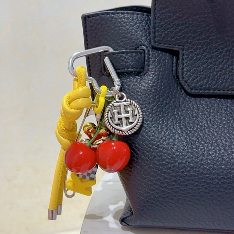 Hermes Cherry Charm Keychain pendant Yellow leather silver metal red cherry charms gold and silver heart accents black and white checkered bead 10cm