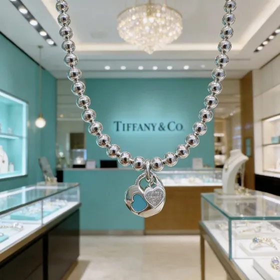 Tiffany Co Return to Tiffany Double Heart Tag Bead bracelet sterling silver with Tiffany Blue enamel and clear diamond accents 18cm