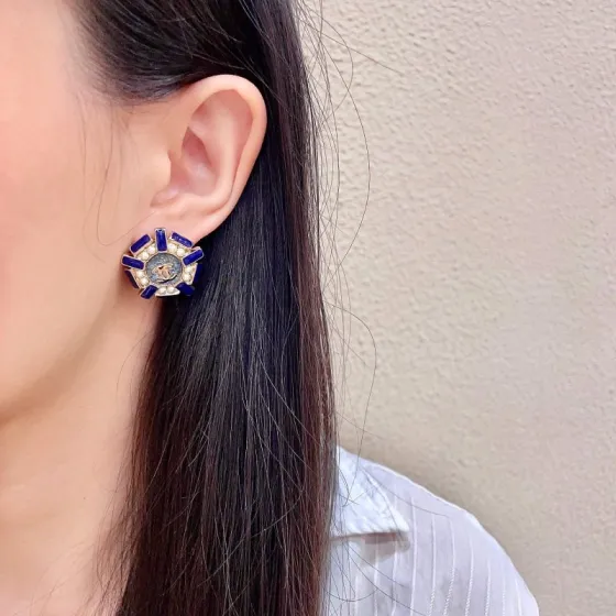 Chanel CC Logo Blue Enamel Pearl Stud Earrings earrings gold tone metal royal blue enamel white faux pearl gray textured center 2cm diameter