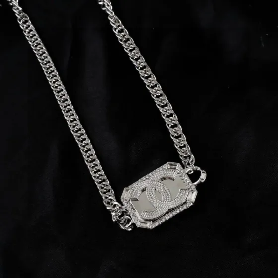 Chanel CC Crystal Embellished Rectangular Chain Belt Necklace necklace Silver-toned metal with clear crystal accents 80cm
