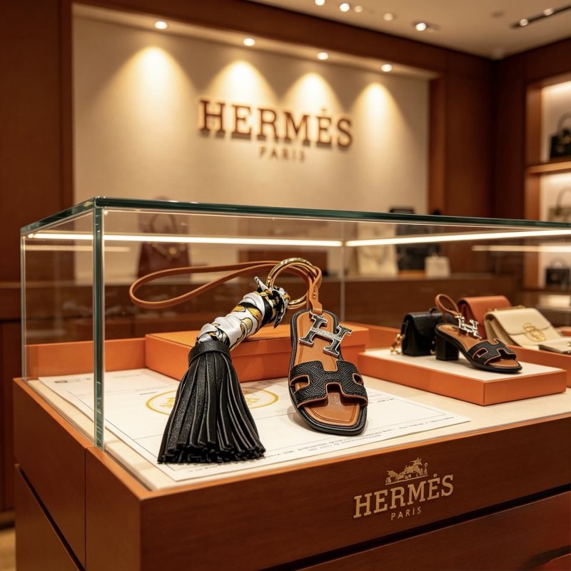 Hermes Oran Sandal Tassel Bag Charm pendant Gold-tone metal black grained leather tan smooth leather white silk with gold and black print 12cm total length