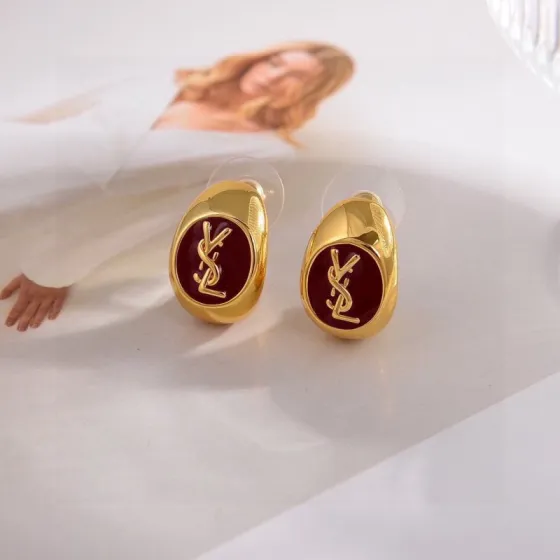 Saint Laurent Cassandre YSL Monogram Enamel Hoop Earrings earrings gold-tone metal with burgundy enamel 1 5cm diameter