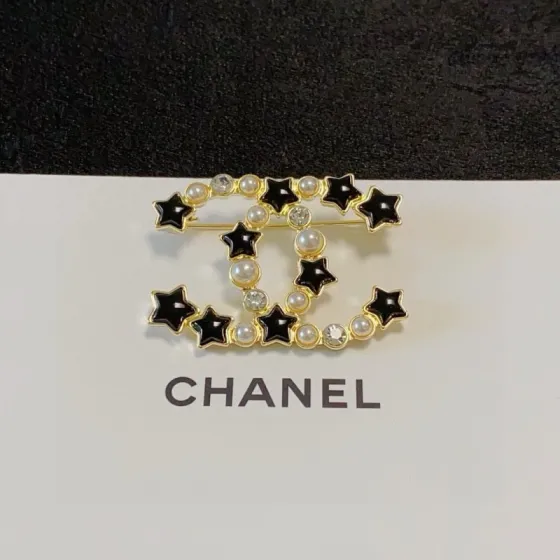 Chanel CC Star Pearl Crystal Brooch brooch gold-tone metal black enamel stars white faux pearls clear crystals 3 5cm width