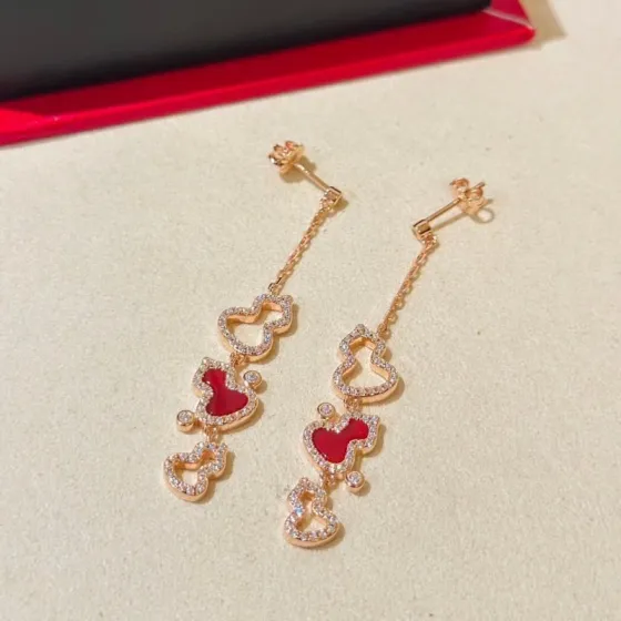 Qeelin Wulu earrings 18k rose gold red carnelian clear diamond accents 3 5cm drop length