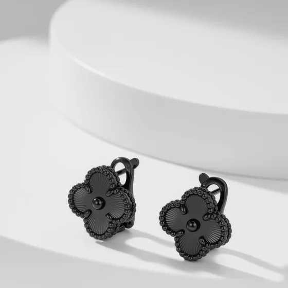 Van Cleef Arpels Vintage Alhambra earrings black rhodium plated metal no gemstones 15mm motif diameter