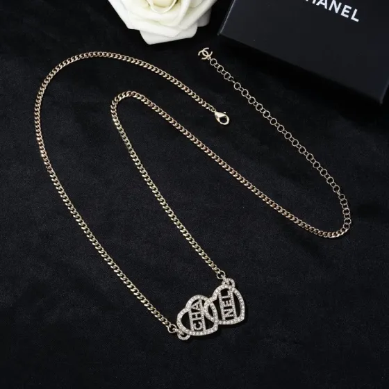 Chanel Goose series interlocking heart logo chain necklace light gold metal with clear crystal rhinestones 80cm with 10cm extension