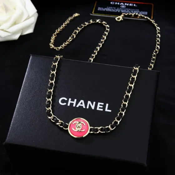 Chanel Goose series necklace gold metal black leather pink enamel 80cm