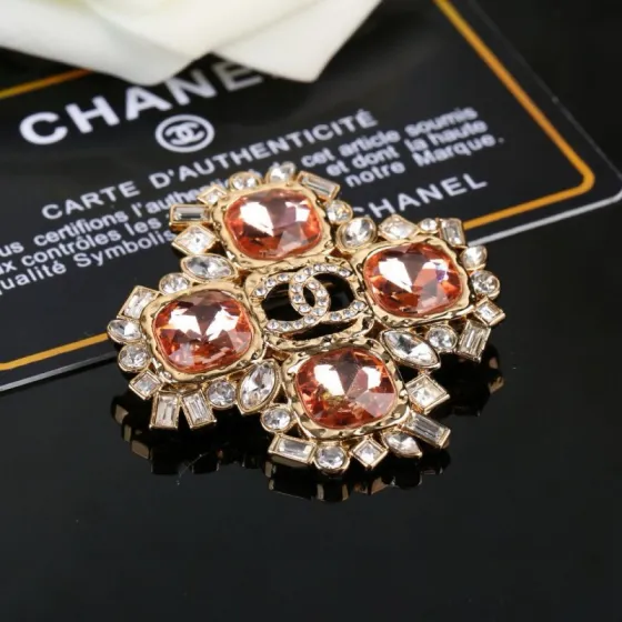 Chanel CC Logo Crystal Brooch brooch gold tone metal with peach cushion crystals and clear faceted crystals 4cm width
