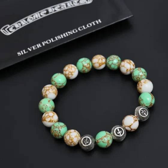 Chrome Hearts Beaded Cross Charm Bracelet bracelet Antique silver metal with green turquoise white matrix turquoise and grey map jasper stone beads 19cm