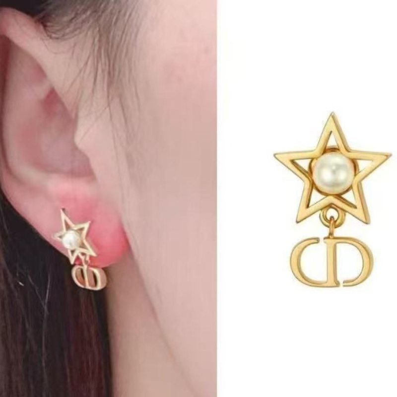 Dior CD Star Pearl Asymmetric Earrings earrings Gold-tone metal with white faux pearls One Size drop length approx 2cm