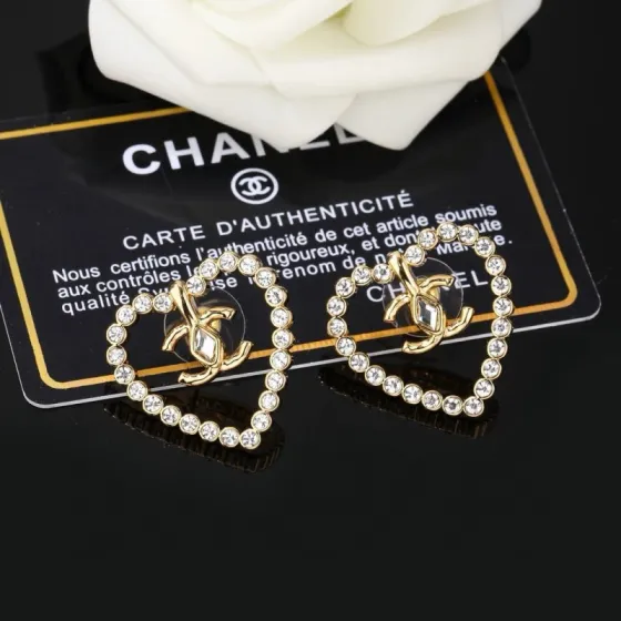 Chanel CC Heart Crystal Stud Earrings earrings gold-tone metal with clear faceted crystals 2 2cm diameter