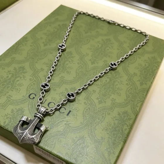 Gucci Anger Forest Anchor Pendant Necklace necklace Aged silver-tone metal with black enamel Interlocking G accents 60cm