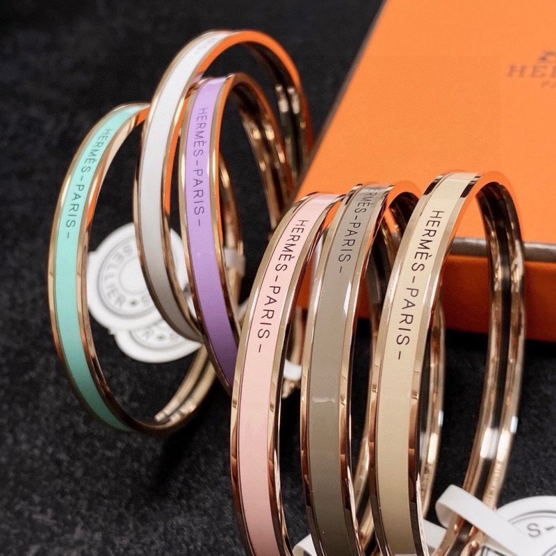 Hermes Uni Bangle bracelet Rose gold plated metal with multicolor enamel inlays black mint green white lavender burgundy orange red light pink taupe beige gray pale yellow MM