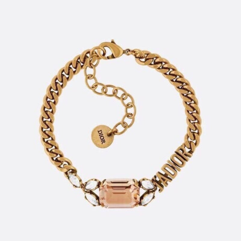 Dior J Adior bracelet vintage gold metal with peach and clear crystal accents 17cm with 5cm extension chain