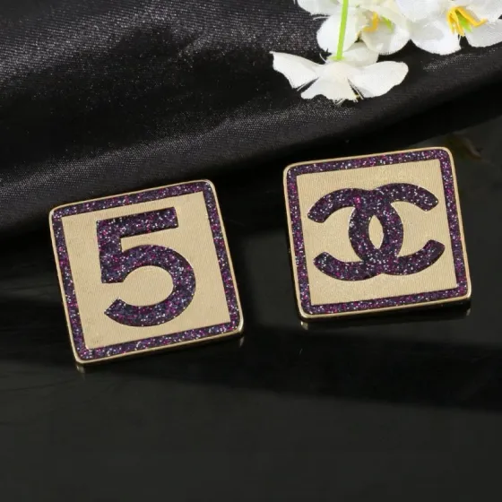 Chanel CC No 5 Square Stud Earrings earrings gold-tone metal with purple glitter enamel 2cm