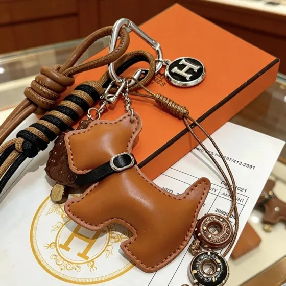 Hermes Buddy Scottie Dog Donut Ice Cream Charm Keychain pendant Silver-tone metal tan leather black enamel brown resin black cord tan cord 18cm total length