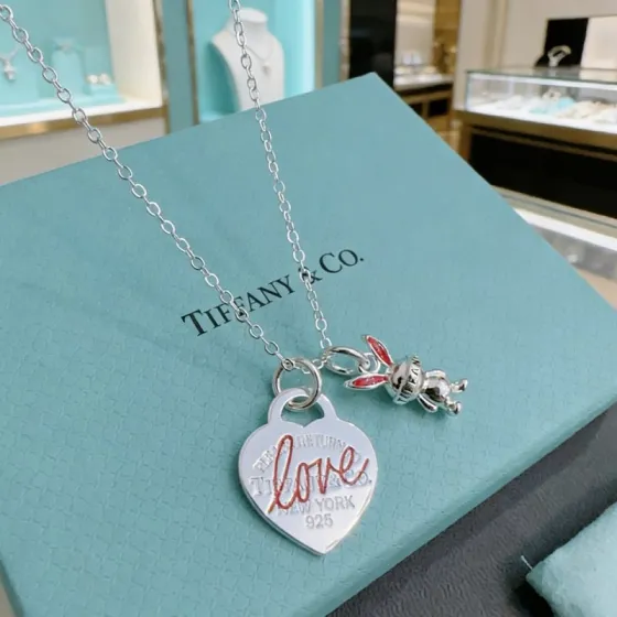 Tiffany Co Return to Tiffany Love Heart Tag with Bunny Charm necklace Sterling silver with red enamel accents 45cm