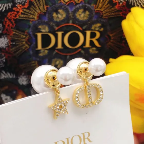 Dior Tribales CD Star Pearl Earrings earrings Gold-tone metal white resin pearls clear crystal rhinestones One Size drop length approx 2 5cm