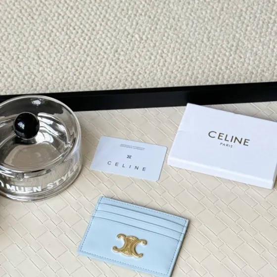Celine Triomphe card holder light blue leather with gold-tone metal logo 10 5cm x 7