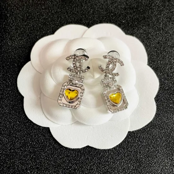 Chanel CC Logo Perfume Bottle Heart Drop Earrings earrings silver-tone metal with clear crystals and yellow heart-shaped gemstone 2 5cm drop length