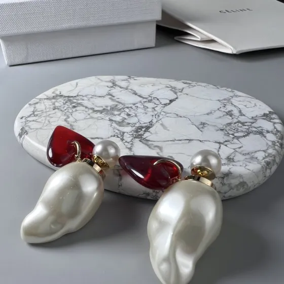 Celine YHED045 Baroque Pearl Heart Drop Earrings earrings gold-tone metal cream white baroque pearl deep red resin heart 4 5cm drop length