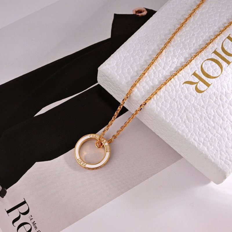 Dior Christian Dior Paris Circle Pendant necklace Gold-tone metal white enamel clear crystal stones 42cm with 5cm extender chain