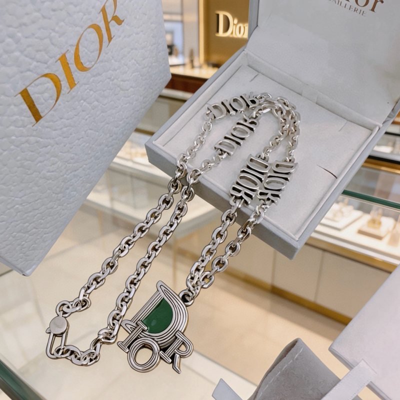 Dior Dior Logo Pendant Chain necklace Silver-toned metal with green stone inlay 60cm