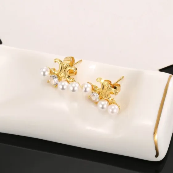 Celine Triomphe Pearl Crystal Stud Earrings earrings gold-tone metal white freshwater pearls clear cubic zirconia 1cm stud diameter
