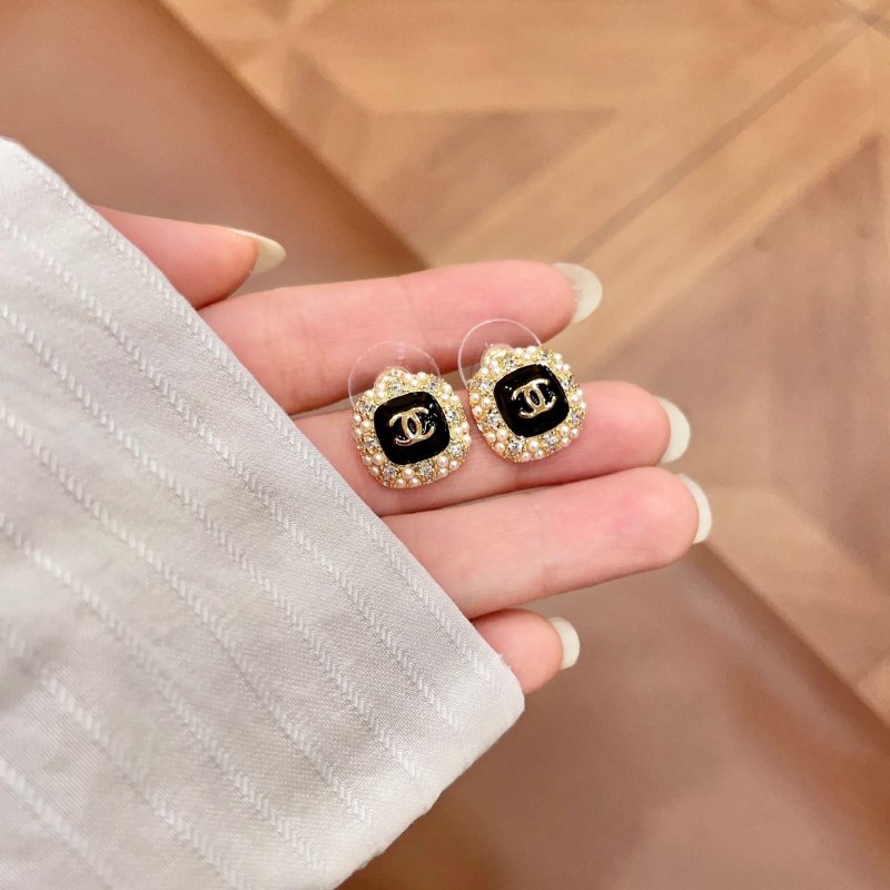 Chanel CC Logo Square Stud Earrings earrings gold-tone metal black enamel clear crystal white faux pearl 1 2cm stud diameter