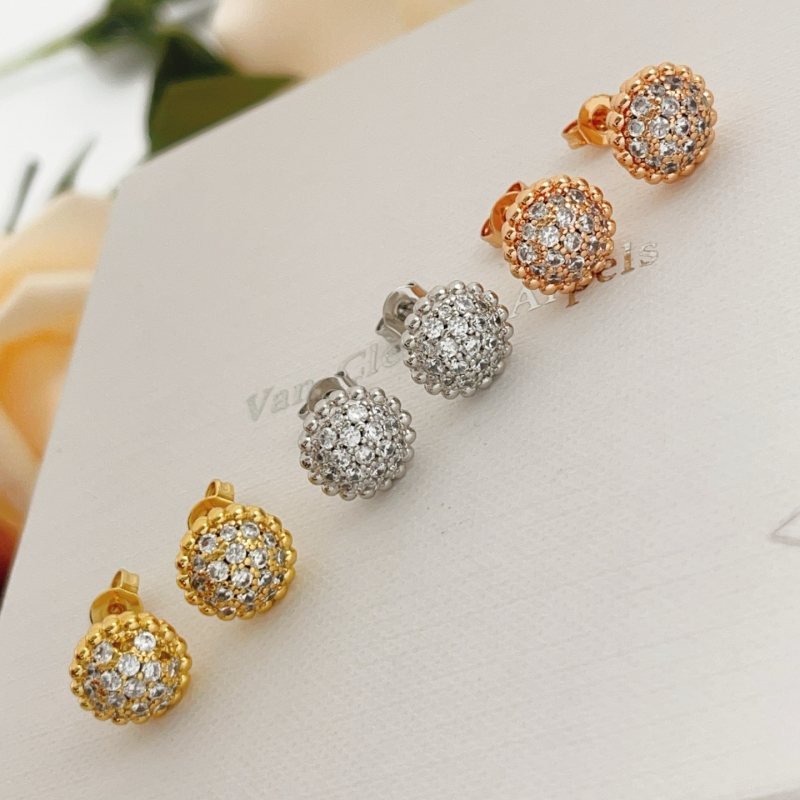 Van Cleef Arpels Perlee earrings Yellow gold rose gold white gold with clear pave diamonds 8mm stud diameter