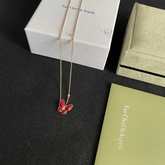 Van Cleef Arpels Two Butterfly Alhambra necklace Rose gold carnelian red diamond white 42cm