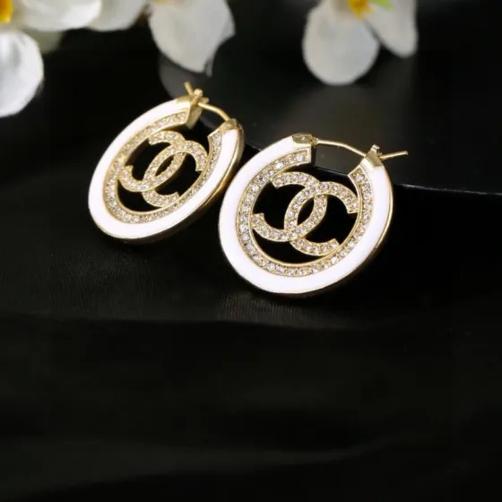 Chanel CC Logo Hoop Earrings earrings gold-tone metal white enamel clear crystal 2 5cm diameter